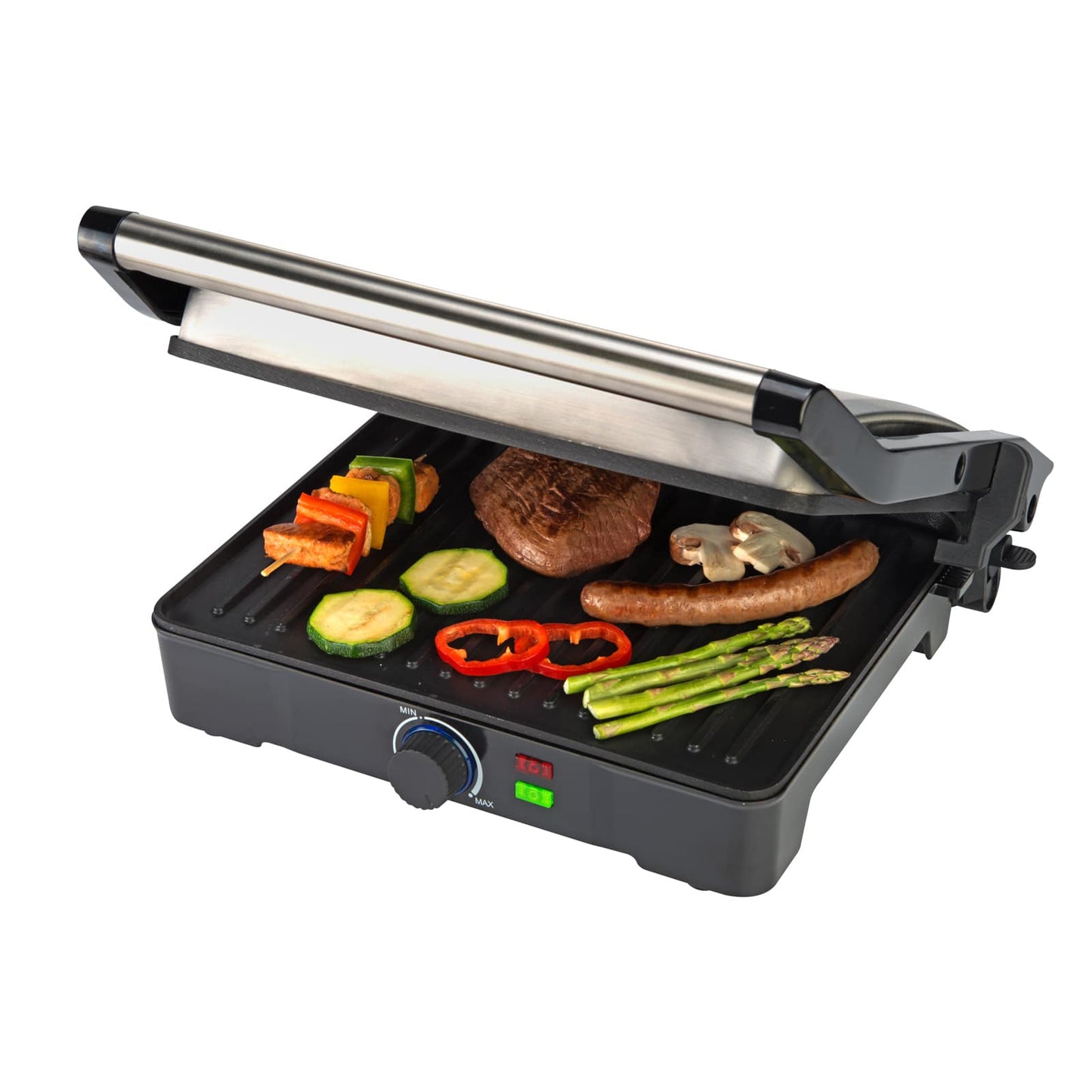 Parrilla Eléctrica Potencia 2000W, Revestimiento Antiadherente, Grill con Regulador de temperatura, Apertura 180º, Superficie 29 x 23 cm, Acero Inoxidable y Plástico