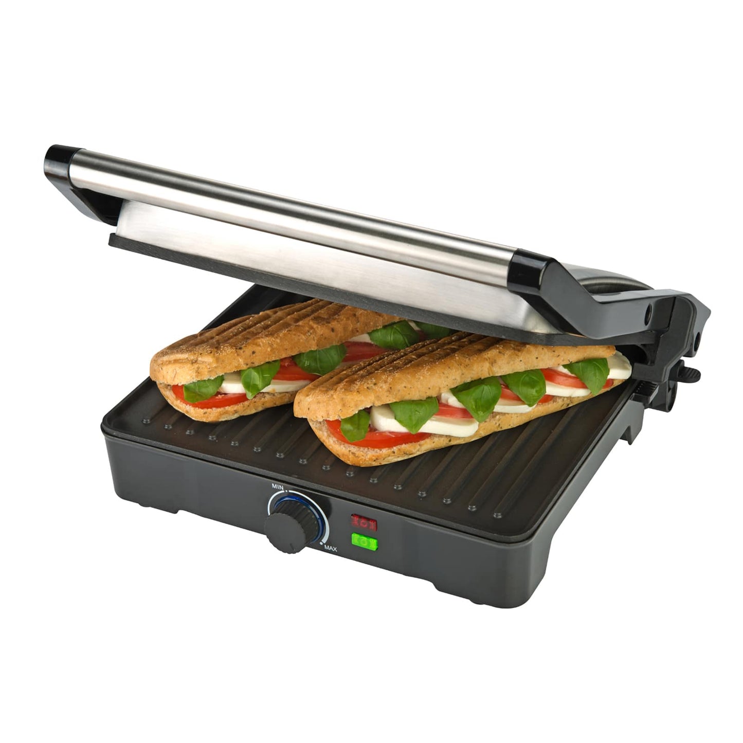 Parrilla Eléctrica Potencia 2000W, Revestimiento Antiadherente, Grill con Regulador de temperatura, Apertura 180º, Superficie 29 x 23 cm, Acero Inoxidable y Plástico