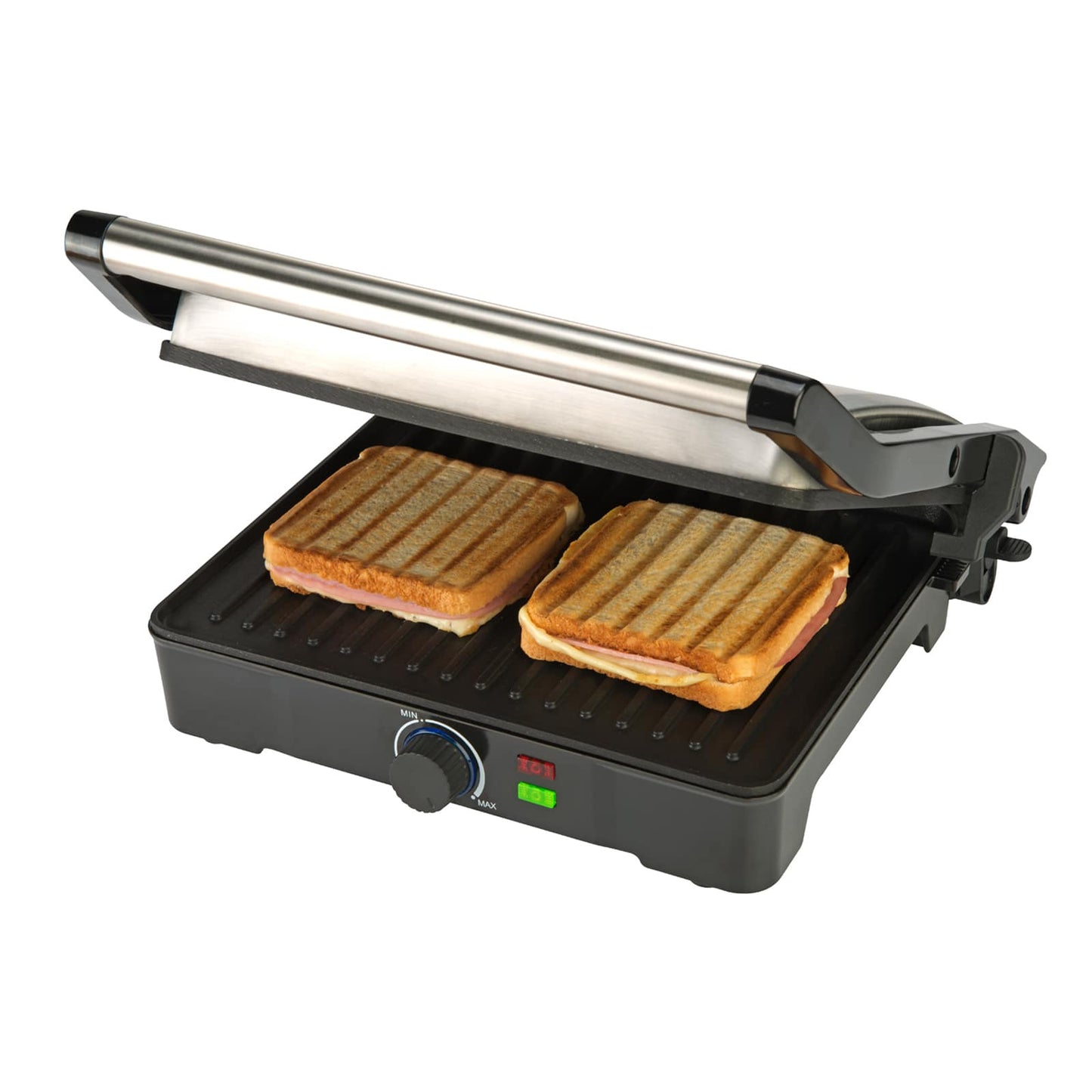 Parrilla Eléctrica Potencia 2000W, Revestimiento Antiadherente, Grill con Regulador de temperatura, Apertura 180º, Superficie 29 x 23 cm, Acero Inoxidable y Plástico