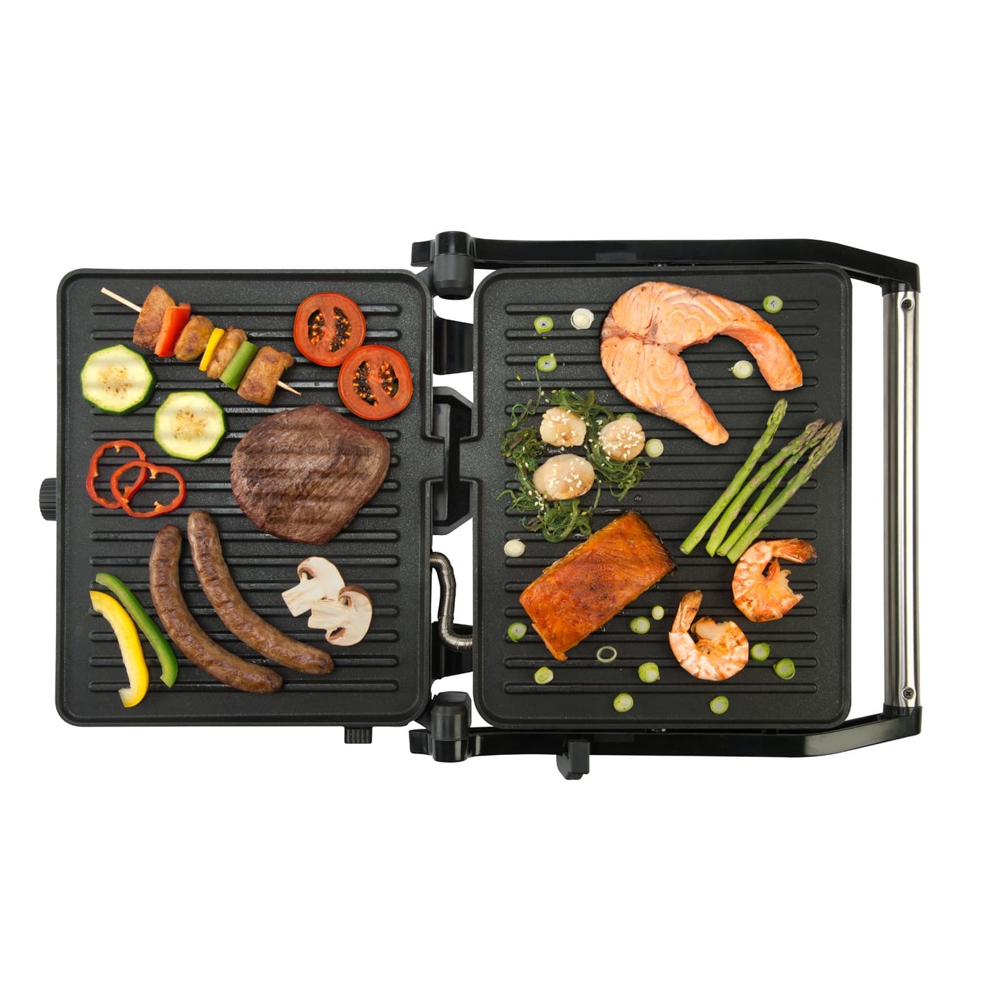 Parrilla Eléctrica Potencia 2000W, Revestimiento Antiadherente, Grill con Regulador de temperatura, Apertura 180º, Superficie 29 x 23 cm, Acero Inoxidable y Plástico