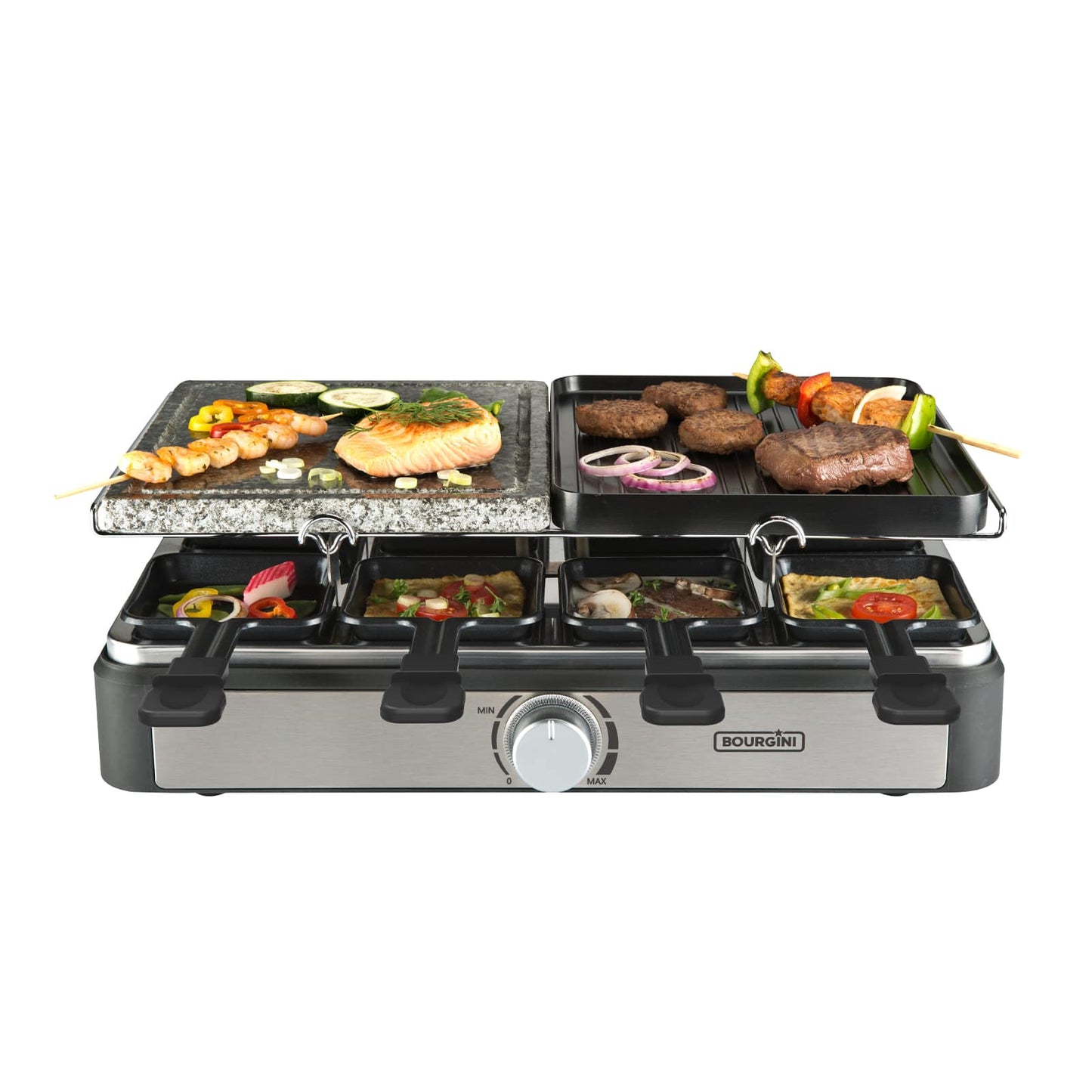 Gourmette/Raclette Grill Plus. Potencia 1400 W, Superficie mixta Plancha y Piedra, Termostato regulable, para 8 personas