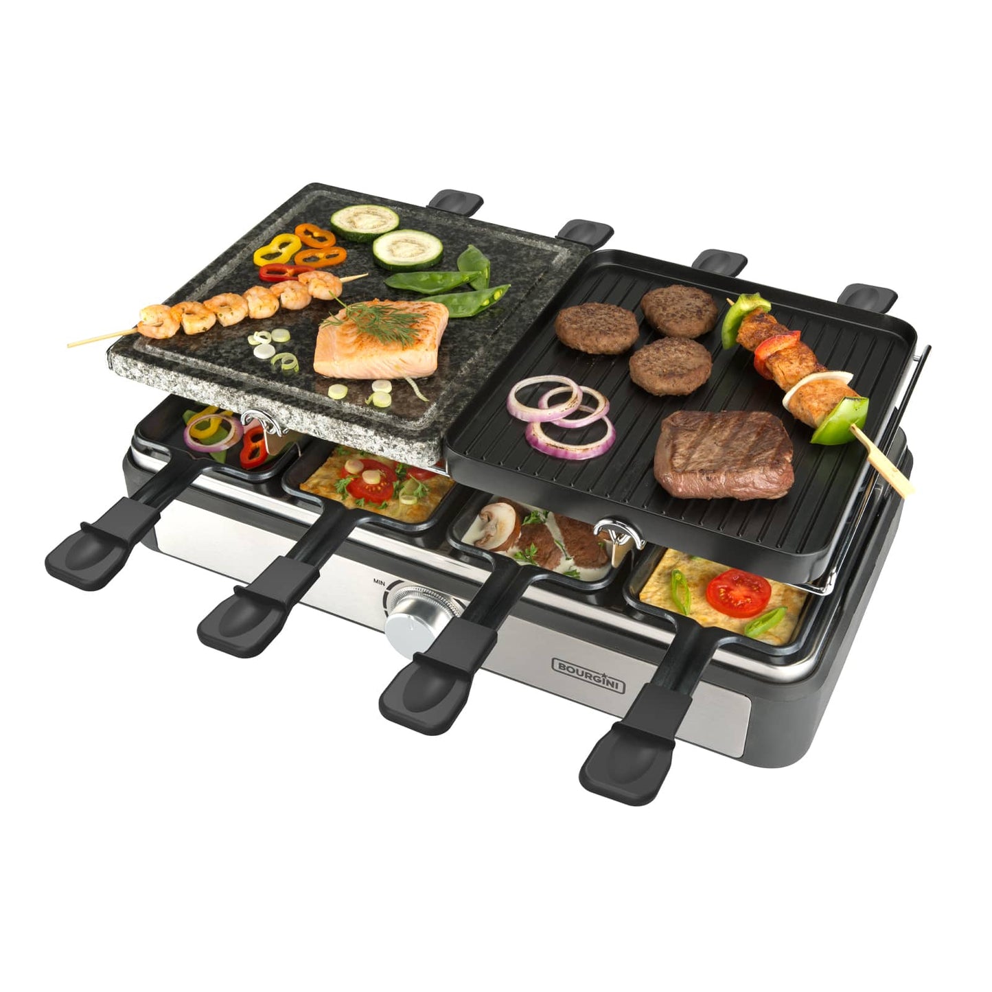Gourmette/Raclette Grill Plus. Potencia 1400 W, Superficie mixta Plancha y Piedra, Termostato regulable, para 8 personas