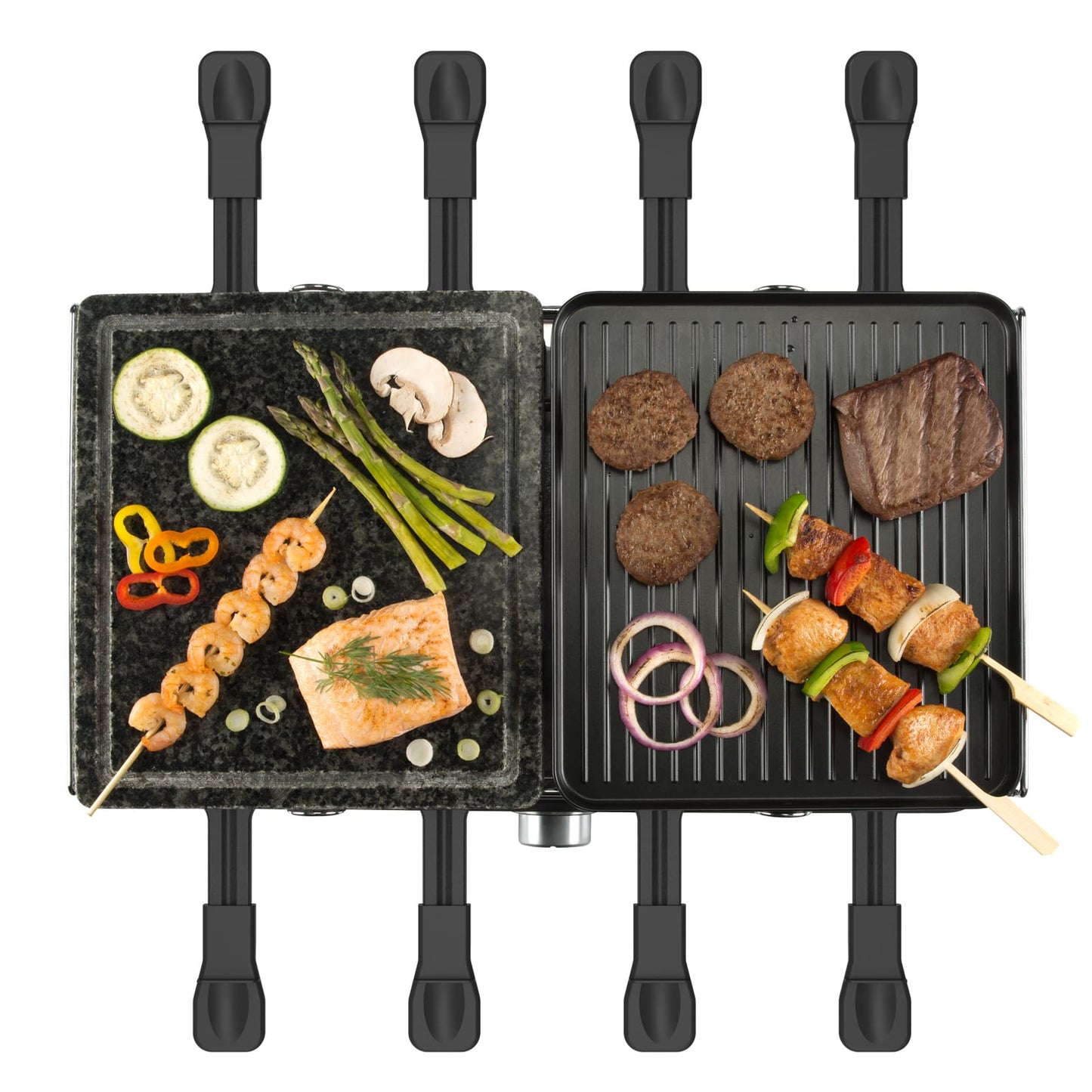 Gourmette/Raclette Grill Plus. Potencia 1400 W, Superficie mixta Plancha y Piedra, Termostato regulable, para 8 personas