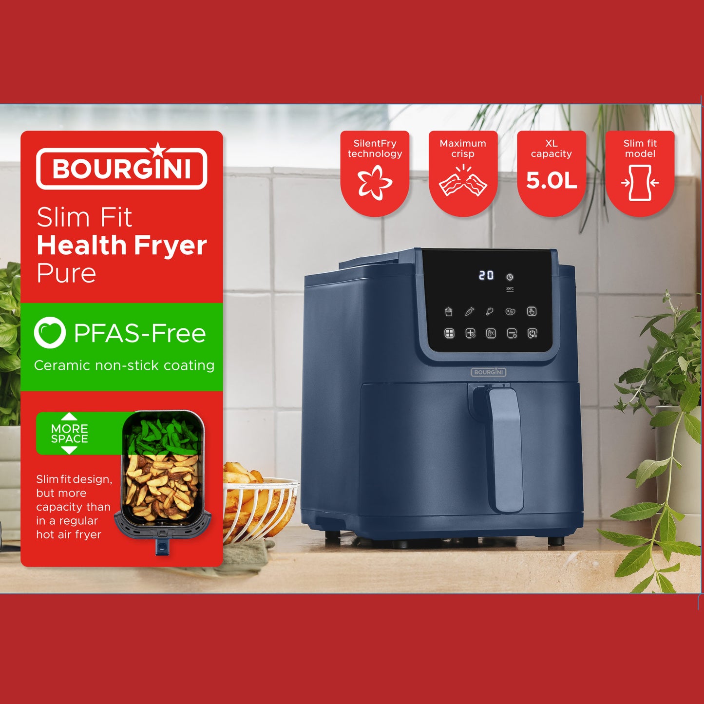 BOURGINI Freidora de Aire con Revestimiento Cerámico Pro, Libre de Químicos (PFAS, C6, PFHxA, PTFE, PFOA y BPA), 5 Litros, Formato Slim 35% más compacto, 1500W, ideal para un hogar sin tóxicos. Azul.