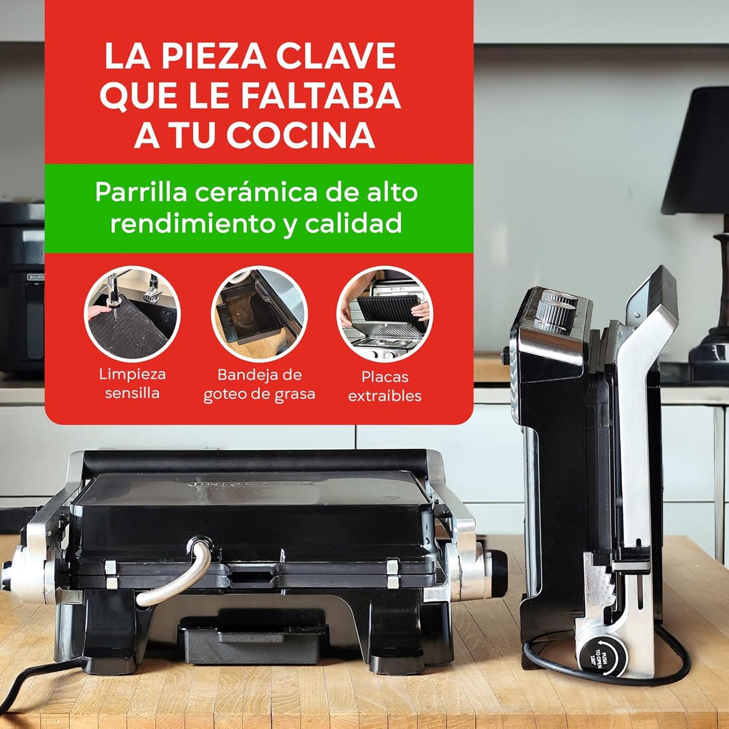 Bourgini Parrilla Electrica 2000W, Revestimiento Cerámico Antiadherente, Fácil de Limpiar, Apertura 180º, Superficie 29x23 cm, Temperatura Ajustable, Libre de PFAS para una Cocina Saludable.