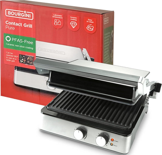 Bourgini Parrilla Electrica 2000W, Revestimiento Cerámico Antiadherente, Fácil de Limpiar, Apertura 180º, Superficie 29x23 cm, Temperatura Ajustable, Libre de PFAS para una Cocina Saludable.