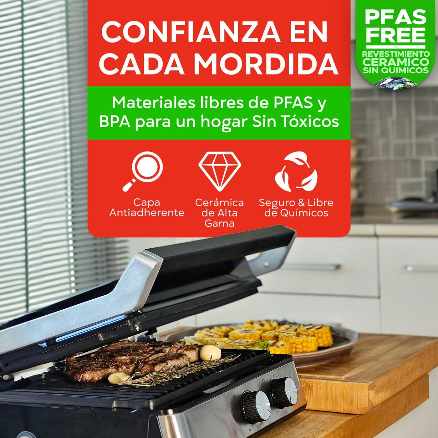Bourgini Parrilla Electrica 2000W, Revestimiento Cerámico Antiadherente, Fácil de Limpiar, Apertura 180º, Superficie 29x23 cm, Temperatura Ajustable, Libre de PFAS para una Cocina Saludable.