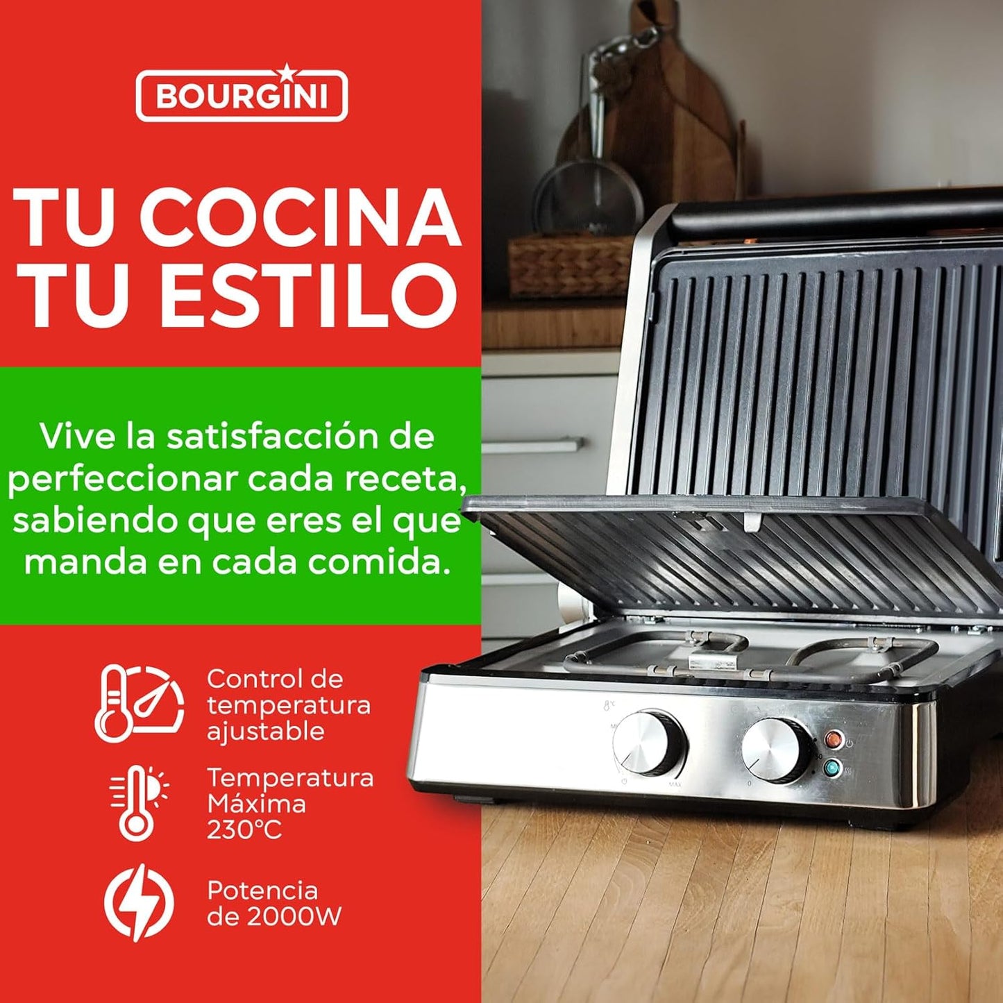 Bourgini Parrilla Electrica 2000W, Revestimiento Cerámico Antiadherente, Fácil de Limpiar, Apertura 180º, Superficie 29x23 cm, Temperatura Ajustable, Libre de PFAS para una Cocina Saludable.