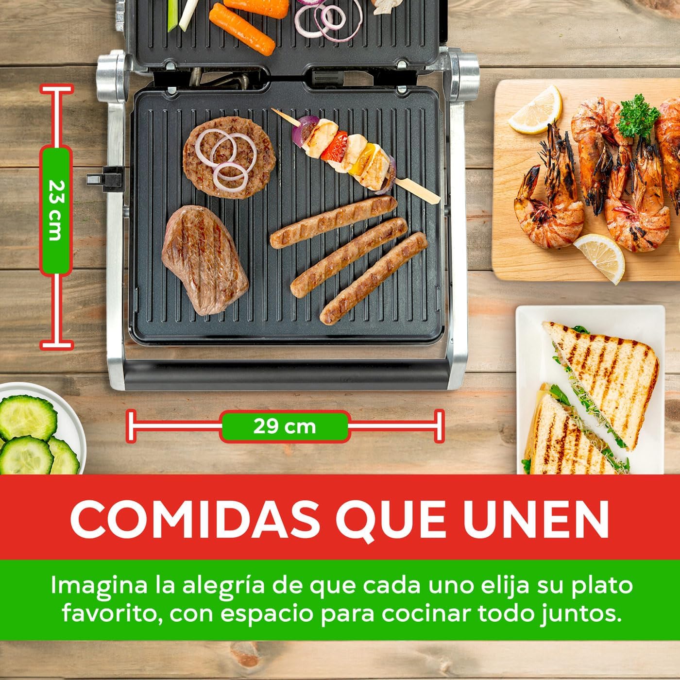 Bourgini Parrilla Electrica 2000W, Revestimiento Cerámico Antiadherente, Fácil de Limpiar, Apertura 180º, Superficie 29x23 cm, Temperatura Ajustable, Libre de PFAS para una Cocina Saludable.