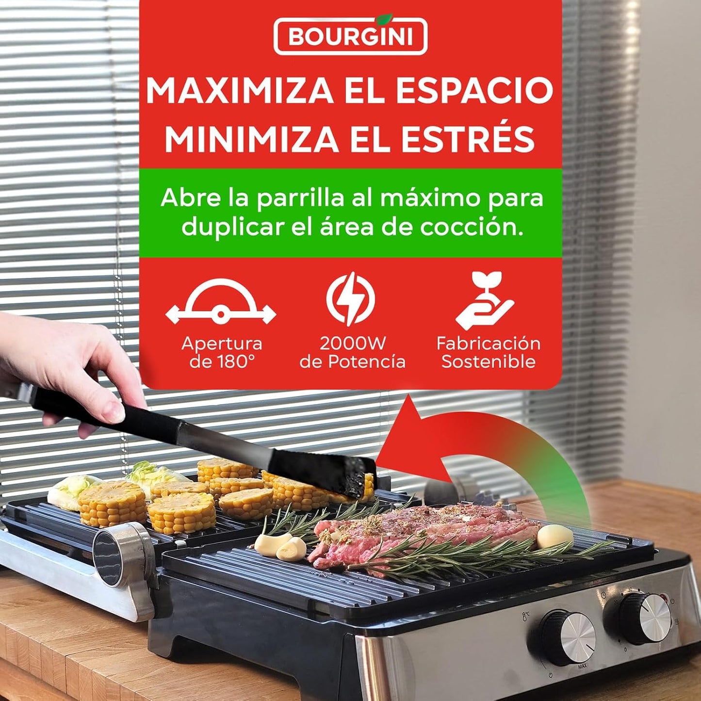 Bourgini Parrilla Electrica 2000W, Revestimiento Cerámico Antiadherente, Fácil de Limpiar, Apertura 180º, Superficie 29x23 cm, Temperatura Ajustable, Libre de PFAS para una Cocina Saludable.