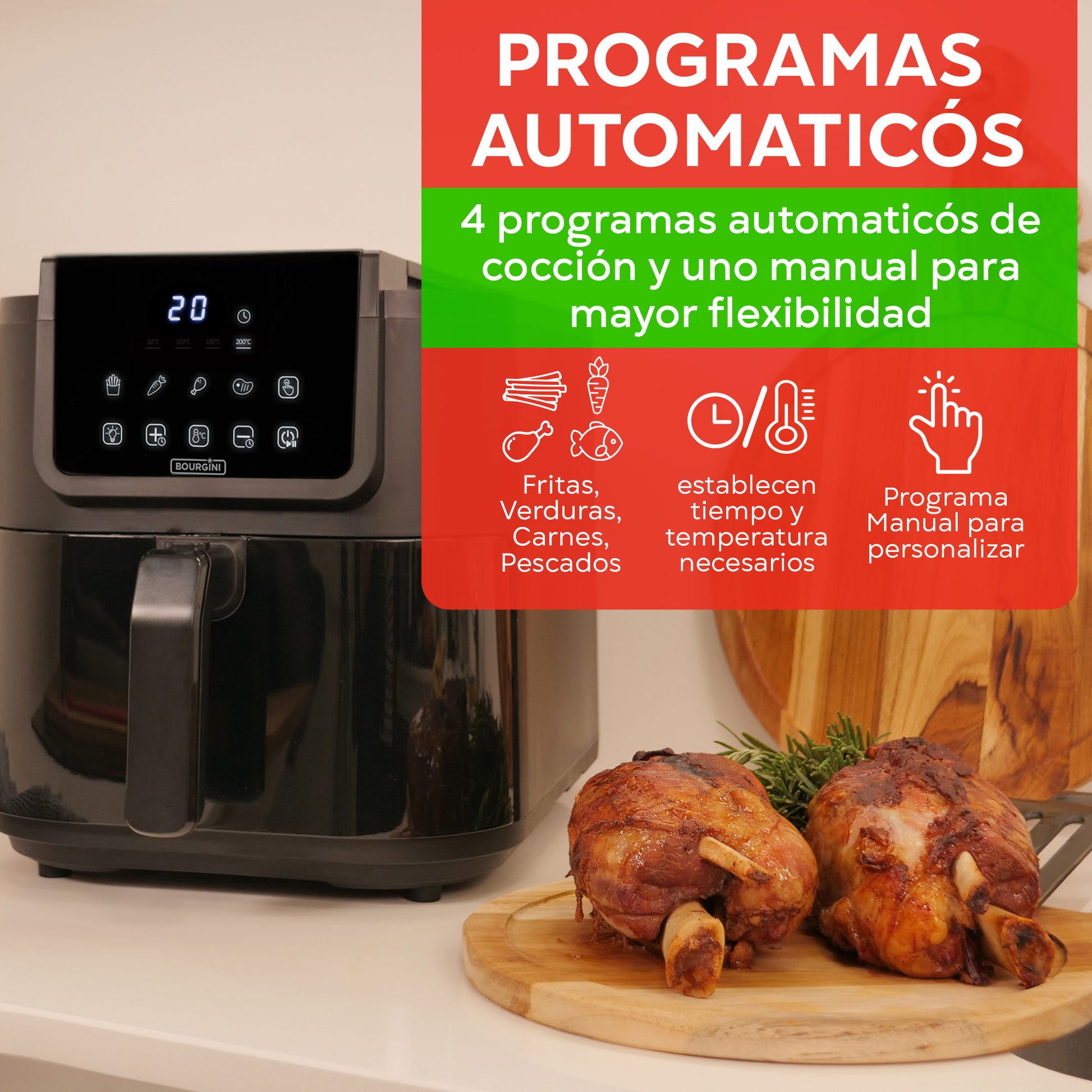 bourgini freidora de aire 8 litros con 4 programas automáticos