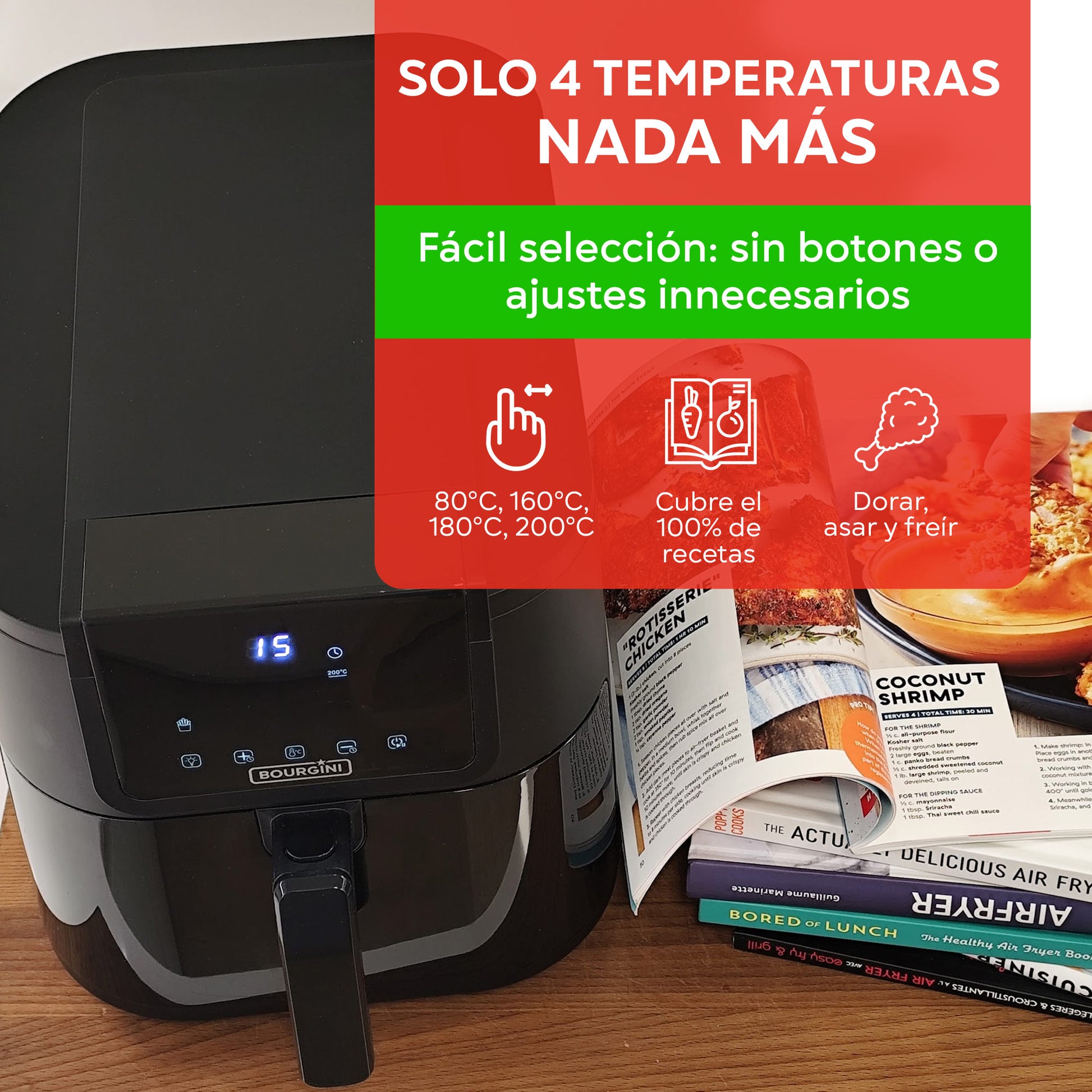 bourgini freidora de aire 8 litros con 4 temperaturas