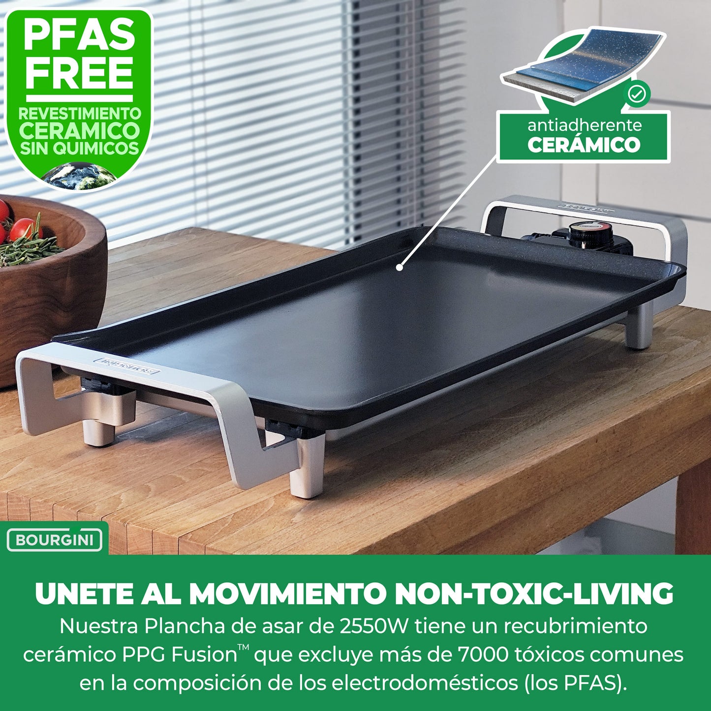 Bourgini Plancha Cocina 2550 W con Revestimiento Cerámico Pro, Libre de Químicos (PFAS, C6, PFHxA, PTFE, PFOA y BPA), Superficie 46 x 26 cm, Temperatura Ajustable, Ideal para un hogar sin tóxicos.