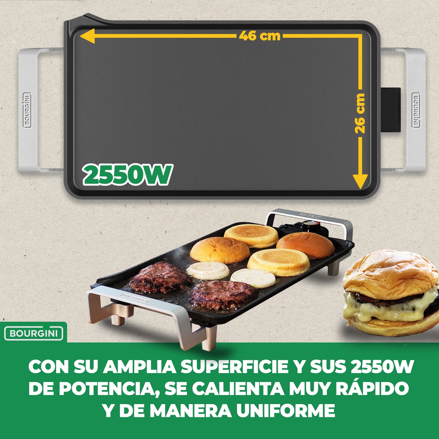 Bourgini Plancha Cocina 2550 W con Revestimiento Cerámico Pro, Libre de Químicos (PFAS, C6, PFHxA, PTFE, PFOA y BPA), Superficie 46 x 26 cm, Temperatura Ajustable, Ideal para un hogar sin tóxicos.