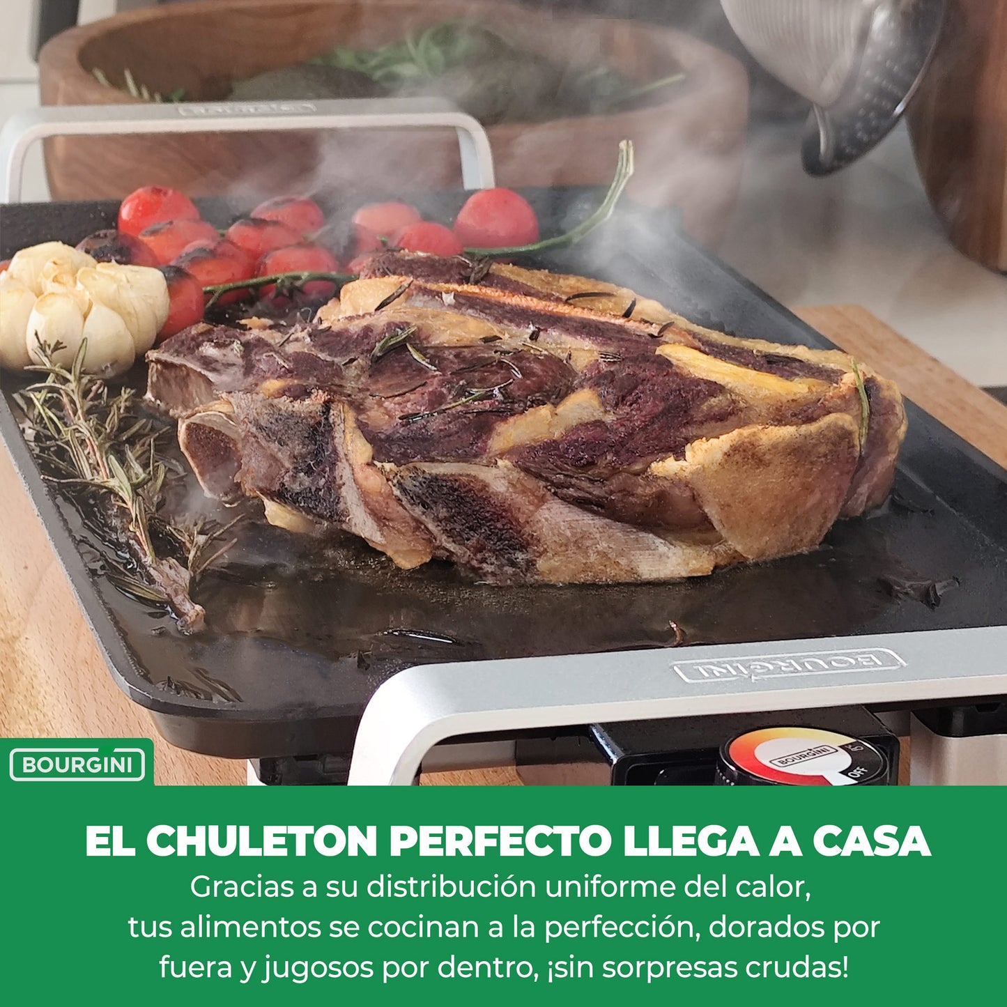 Bourgini Plancha Cocina 2550 W con Revestimiento Cerámico Pro, Libre de Químicos (PFAS, C6, PFHxA, PTFE, PFOA y BPA), Superficie 46 x 26 cm, Temperatura Ajustable, Ideal para un hogar sin tóxicos.