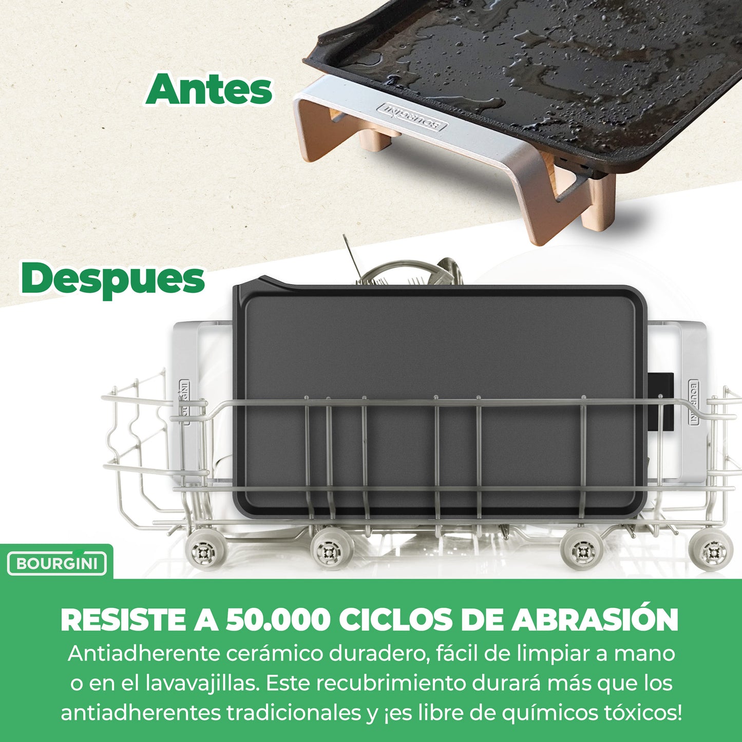 Bourgini Plancha Cocina 2550 W con Revestimiento Cerámico Pro, Libre de Químicos (PFAS, C6, PFHxA, PTFE, PFOA y BPA), Superficie 46 x 26 cm, Temperatura Ajustable, Ideal para un hogar sin tóxicos.