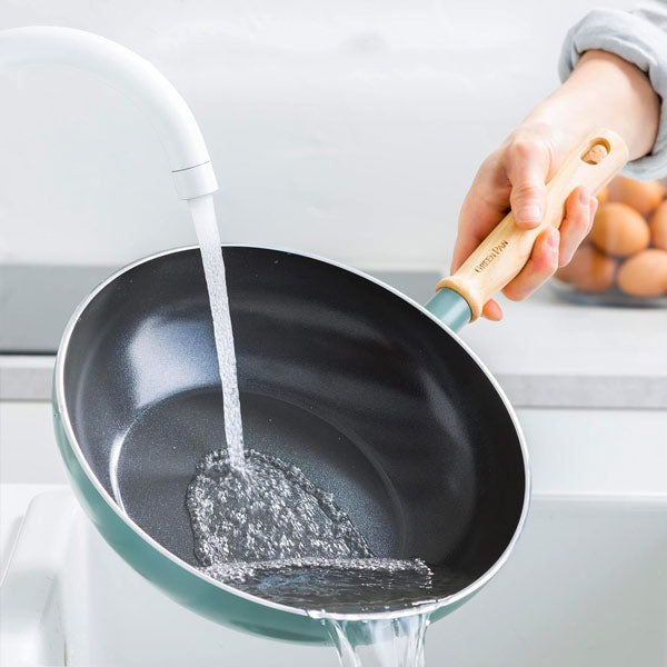 GreenPan Mayflower Sartén Wok Cerámica Antiadherente 28 cm/3,7 Litros, Mango de Madera Vintage, Sin PFAS, Inducción, Azul Ahumado