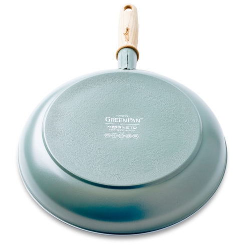 GreenPan Mayflower Sartén de Cerámica Saludable Antiadherente con tapa de 24 cm - 1.6 L, Mango de Madera Vintage, Sin PFAS, Inducción, Azul Ahumado