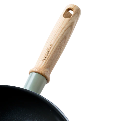 GreenPan Mayflower Sartén Wok Cerámica Antiadherente 28 cm/3,7 Litros, Mango de Madera Vintage, Sin PFAS, Inducción, Azul Ahumado
