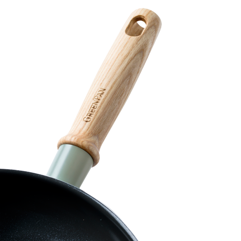 GreenPan Mayflower Sartén de Cerámica Saludable Antiadherente con tapa de 24 cm - 1.6 L, Mango de Madera Vintage, Sin PFAS, Inducción, Azul Ahumado