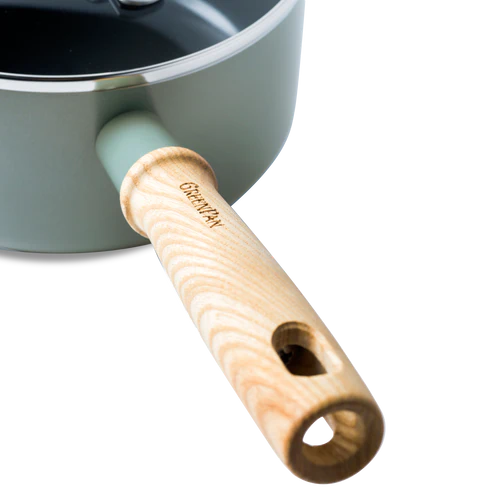 GreenPan Mayflower Cacerola de Cerámica Saludable Antiadherente de 16 cm, Mango de Madera Vintage, Sin PFAS, Inducción, Azul Ahumado