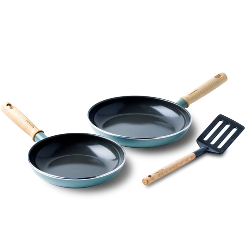 GreenPan Mayflower Juego de Sartenes de Cerámica Saludable Antiadherente de 20 cm y 24 cm, Mango de Madera Vintage, Sin PFAS, Inducción, Azul AhumadoSet + Espátula Ranurada