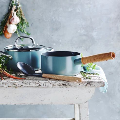 GreenPan Mayflower Cacerola de Cerámica Saludable Antiadherente de 16 cm, Mango de Madera Vintage, Sin PFAS, Inducción, Azul Ahumado