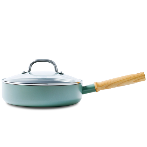 GreenPan Mayflower Sartén de Cerámica Saludable Antiadherente con tapa de 24 cm - 1.6 L, Mango de Madera Vintage, Sin PFAS, Inducción, Azul Ahumado