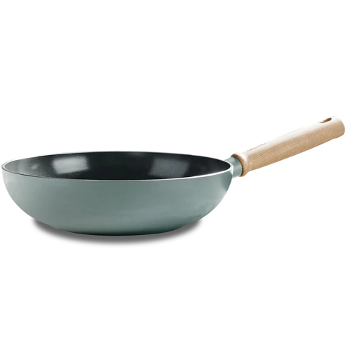 GreenPan Mayflower Sartén Wok Cerámica Antiadherente 28 cm/3,7 Litros, Mango de Madera Vintage, Sin PFAS, Inducción, Azul Ahumado