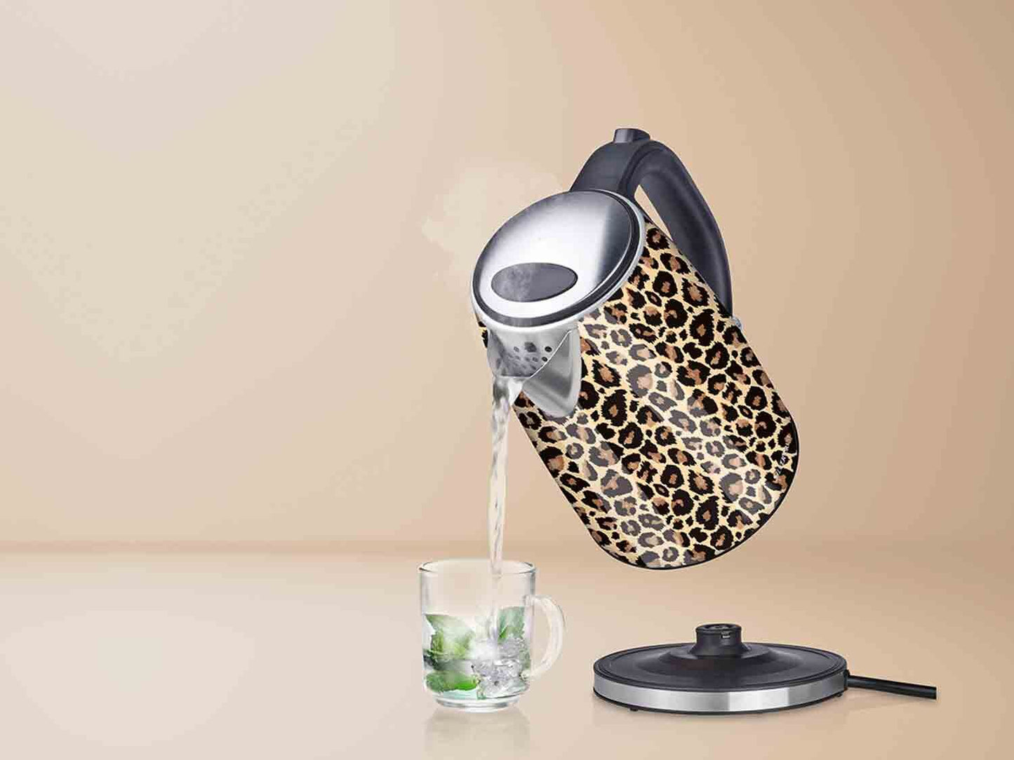 Hervidor de agua leopardo. 1,7 litros, 2200 W de Potencia, Base 360º, Filtro Antical Desmontable, Protección contra Sobrecalentamiento y Corte de ebullición