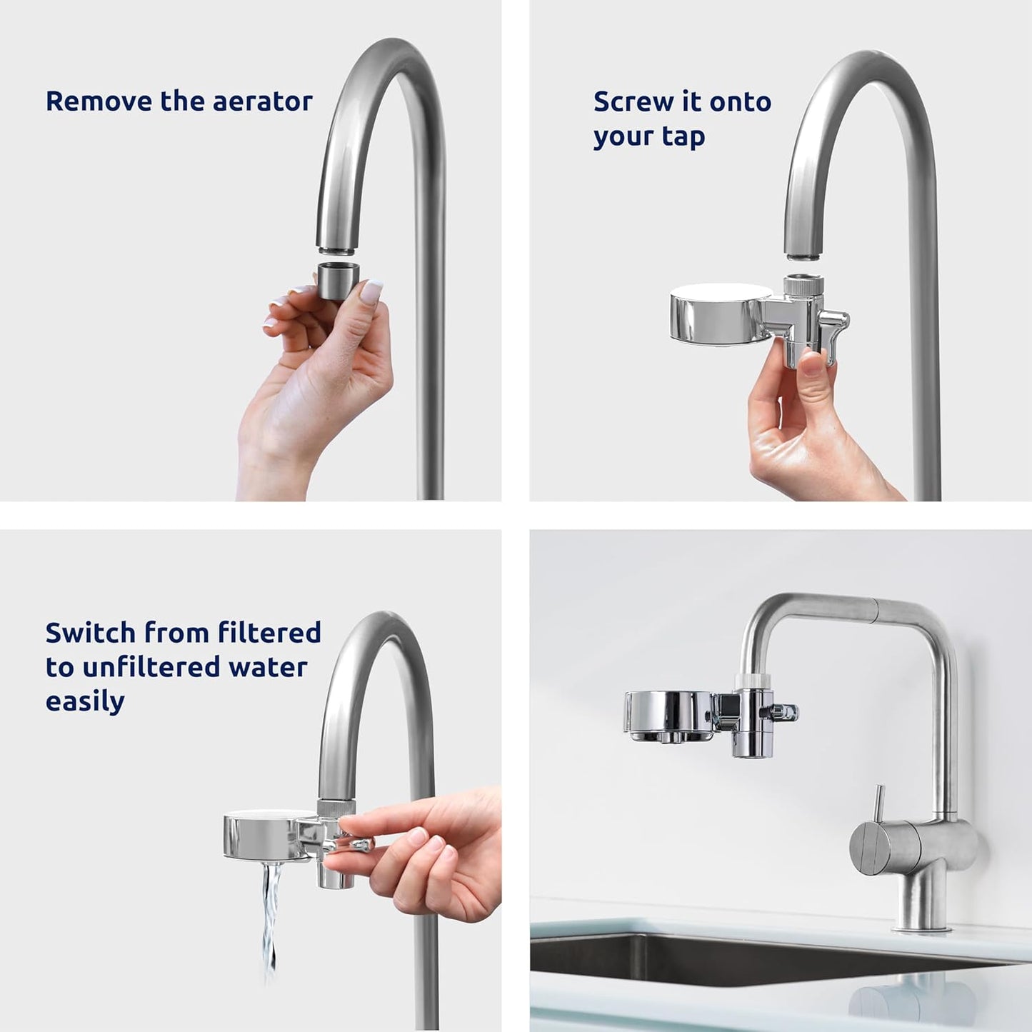 Tappwater EcoPro Compact - Filtro de agua para grifo más pequeño del mercado, filtra más de 100 sustancias. Sistema de filtración en 5 etapas con nanotecnología. Filtro de agua para grifo. (cromado)