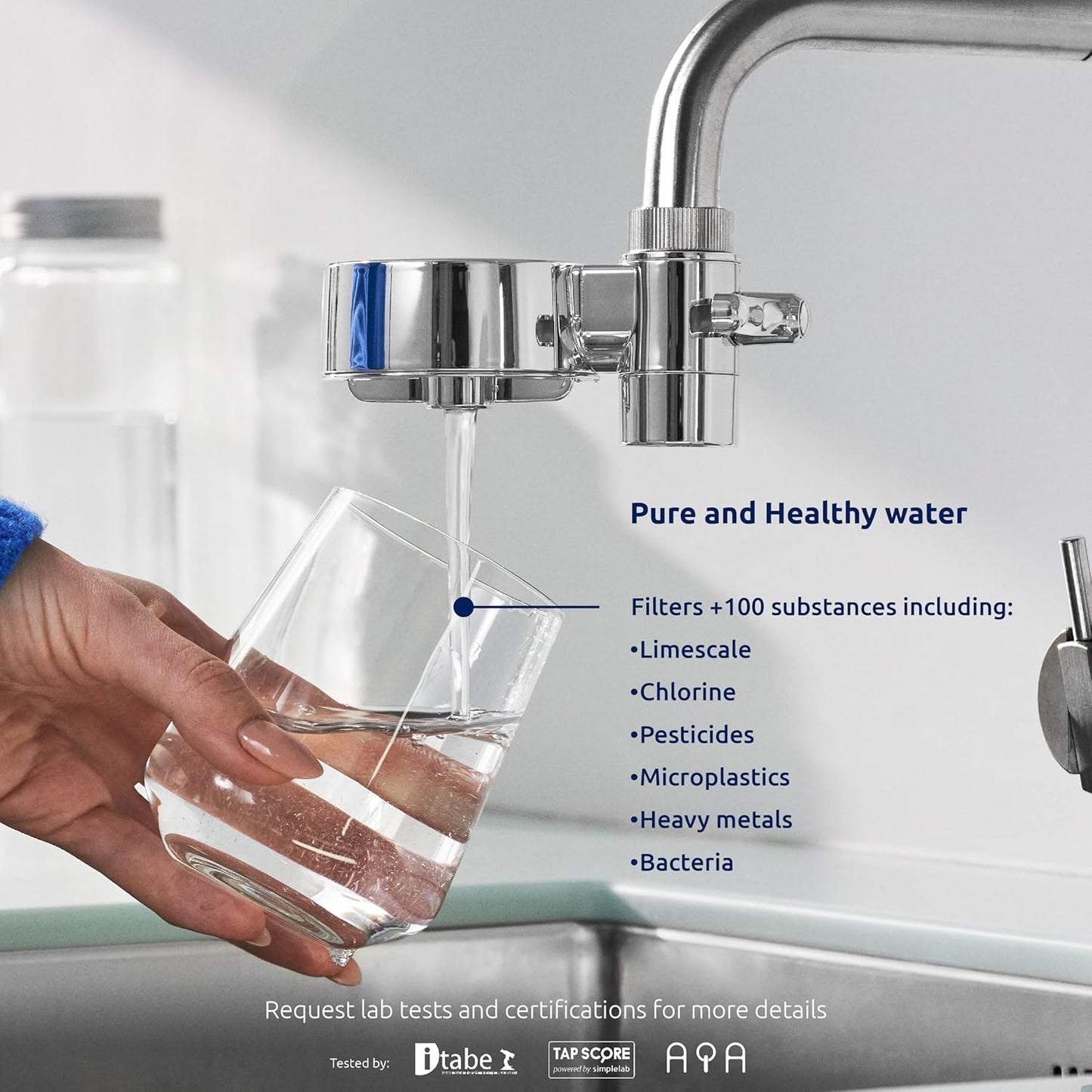 Tappwater EcoPro Compact - Filtro de agua para grifo más pequeño del mercado, filtra más de 100 sustancias. Sistema de filtración en 5 etapas con nanotecnología. Filtro de agua para grifo. (cromado)