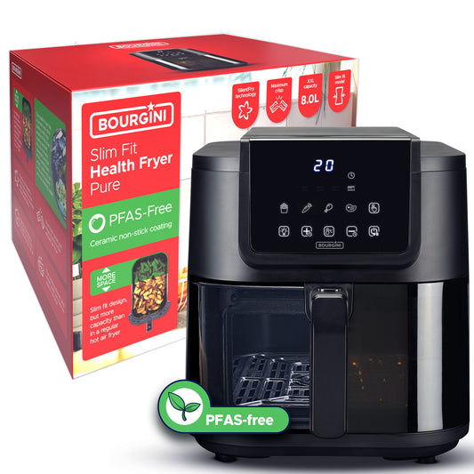 BOURGINI Freidora de Aire con Revestimiento Cerámico Pro, Libre de Químicos (incluye PFAS, PTFE, PFOA y BPA). 8 Litros, Formato SLIM 35% más compacto, 1750W, ideal para un hogar sin tóxicos.