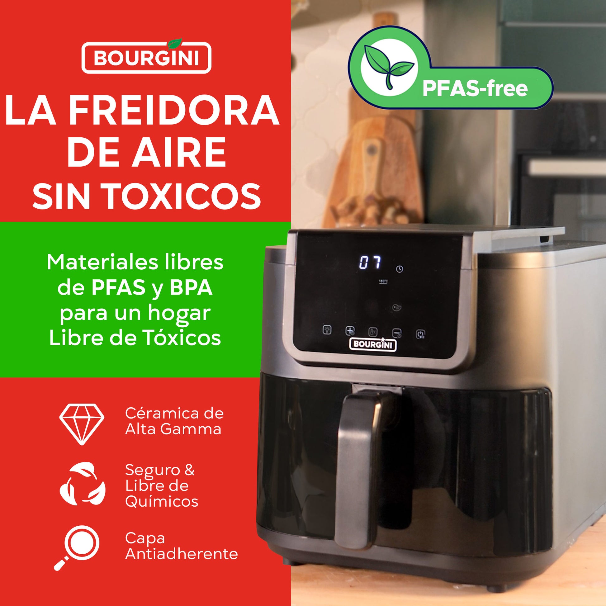 bourgini freidora de aire 8 litros​ sin tóxicos